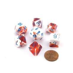 Dice>Polyhedral 7-Die Gemini Chessex Lab Dice 3 Set - Red-White with Blue Numbers - Your Source for Gaming Essentials