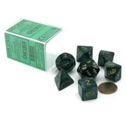 Dice>Polyhedral 7-Die Scarab Chessex Dice Set - Jade with Gold Numbers - Your Source for Gaming Essentials
