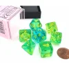 Dice>Polyhedral 7-Die Set, Gemini - Translucent Green-Teal with Yellow Numbers - Your Source for Gaming Essentials