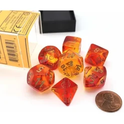 Dice>Polyhedral 7-Die Set, Gemini - Translucent Red-Yellow with Gold Numbers - Your Source for Gaming Essentials