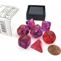 Dice>Polyhedral 7-Die Set, Gemini - Translucent Red-Violet with Gold Numbers - Your Source for Gaming Essentials