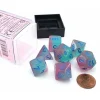 Dice>Polyhedral 7-Die Set, Luminary Gemini - Gel Green-Pink with Blue Numbers - Your Source for Gaming Essentials