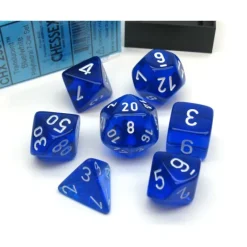 Dice>Polyhedral 7-Die Translucent Chessex Dice Set - Blue with White Numbers - Your Source for Gaming Essentials