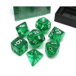Dice>Polyhedral 7-Die Translucent Chessex Dice Set - Green with White Numbers - Your Source for Gaming Essentials