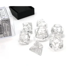 Dice>Polyhedral 7-Die Translucent Chessex Dice Set - Clear with White Numbers - Your Source for Gaming Essentials