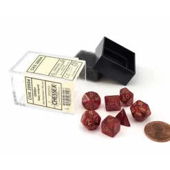 Dice>Polyhedral Mini 7-Die Set, Glitter - Ruby with Gold Numbers - Your Source for Gaming Essentials
