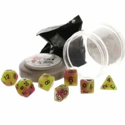 Dice>Polyhedral 7-Piece DnD Pizza Dungeon Dice Set - Glow Yellow & Purple - Your Source for Gaming Essentials