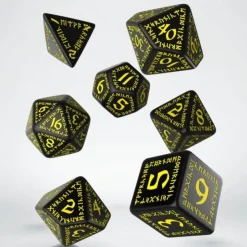 Dice>Q-Workshop Runic Dice Set Black with Yellow Etches (7 Pieces Set) - Your Source for Gaming Essentials
