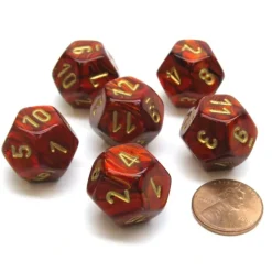 Dice>Scarab 18mm 12 Sided D12 Chessex Dice, 6 Pieces - Scarlet with Gold - Your Source for Gaming Essentials