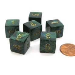 Dice>Scarab 15mm 6-Sided D6 Numbered Chessex Dice, 6 Pieces - Jade with Gold Numbers - Your Source for Gaming Essentials
