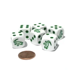 Dice>Set of 6 Alligator 16mm D6 Round Edge Animal Dice - White with Green Pips - Your Source for Gaming Essentials