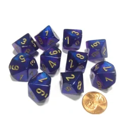 Dice>Set of 10 Chessex Borealis D10 Dice - Royal Purple with Gold Numbers - Your Source for Gaming Essentials