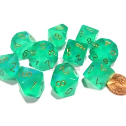 Dice>Set of 10 Chessex D10 Dice - Borealis #2 Light Green with Gold Numbers - Your Source for Gaming Essentials