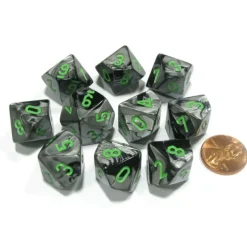 Dice>Set of 10 Chessex Gemini D10 Dice - Black-Grey with Green Numbers - Your Source for Gaming Essentials