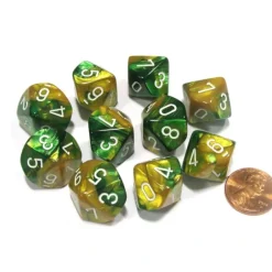 Dice>Set of 10 Chessex Gemini D10 Dice - Gold-Green with White Numbers - Your Source for Gaming Essentials