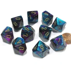 Dice>Set of 10 Chessex Gemini D10 Dice - Purple-Teal with Gold Numbers - Your Source for Gaming Essentials