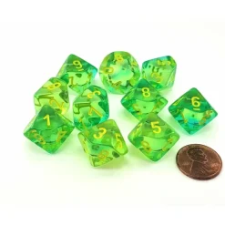 Dice>Set of 10 Chessex Gemini D10 Dice - Translucent Green-Teal with Yellow Numbers - Your Source for Gaming Essentials