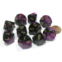 Dice>Set of 10 Chessex Gemini D10 Dice - Black-Purple with Gold Numbers - Your Source for Gaming Essentials