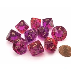 Dice>Set of 10 Chessex Gemini D10 Dice - Translucent Red-Violet with Gold Numbers - Your Source for Gaming Essentials