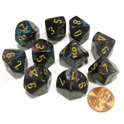 Dice>Set of 10 Chessex Lustrous D10 Dice - Shadow with Gold Numbers - Your Source for Gaming Essentials