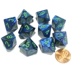 Dice>Set of 10 Chessex Lustrous D10 Dice - Dark Blue with Green Numbers - Your Source for Gaming Essentials
