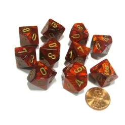 Dice>Set of 10 Chessex Scarab D10 Dice - Scarlet with Gold Numbers - Your Source for Gaming Essentials