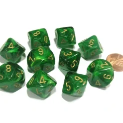 Dice>Set of 10 Chessex Vortex D10 Dice - Green with Gold Numbers - Your Source for Gaming Essentials