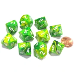 Dice>Set of 10 Chessex Vortex D10 Dice - Dandelion with White Numbers - Your Source for Gaming Essentials