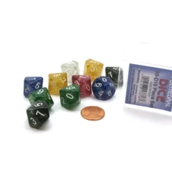 Dice>Set of 10 D10 Glitter Dice in Plastic Display Case - Assorted Colors - Your Source for Gaming Essentials