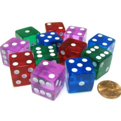 Dice>Set of 12 D6 19mm Dice - 3 Each of Transparent Blue Red Green and Pink - Your Source for Gaming Essentials