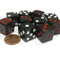 Dice>Set of 10 D6 16mm Dice, Inversed Pips- 5 Black w Red Pip and 5 Black w White Pip - Your Source for Gaming Essentials