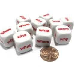 Dice>Set of 10 D6 16mm Educational English Interrogative Questions Dice- White w/ Red - Your Source for Gaming Essentials