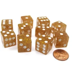 Dice>Set of 10 D6 16mm Glitter Dice - Yellow with White Pips - Your Source for Gaming Essentials