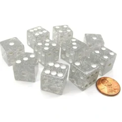 Dice>Set of 10 D6 16mm Glitter Dice - Clear/White with White Pips - Your Source for Gaming Essentials