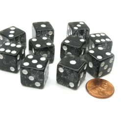 Dice>Set of 10 D6 16mm Glitter Dice - Black with White Pips - Your Source for Gaming Essentials