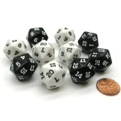 Dice>Set of 10 D20 19mm Inverse Dice - 5 Each of Black and White - Your Source for Gaming Essentials