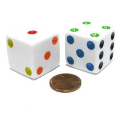 Dice>Set of 2 D6 25mm Large Opaque Jumbo Dice - White with Multicolor Pips - Your Source for Gaming Essentials