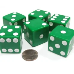 Dice>Set of 6 D6 25mm Large Opaque Jumbo Dice - Green with White Pip - Your Source for Gaming Essentials