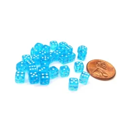 Dice>Set of 30 D6 5mm Transparent Rounded Corner Dice - Aqua with White Pips - Your Source for Gaming Essentials