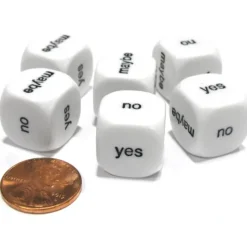 Dice>Set of 6 D6 16mm Yes, No, Maybe Decisions Dice - White with Black Letters - Your Source for Gaming Essentials