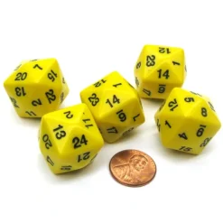 Dice>Set of 5 D24 Opaque 24mm 24-Sided Gaming Dice - Yellow with Black Numbers - Your Source for Gaming Essentials