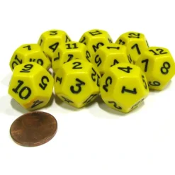 Dice>Set of 10 D12 12-Sided 18mm Opaque RPG Dice - Yellow with Black Numbers - Your Source for Gaming Essentials