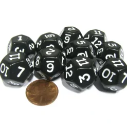 Dice>Set of 10 D12 12-Sided 18mm Opaque RPG Dice - Black with White Numbers - Your Source for Gaming Essentials