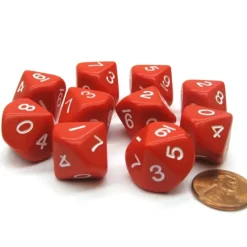 Dice>Set of 10 D10 10-Sided 16mm Opaque Dice - Red with White Numbers - Your Source for Gaming Essentials