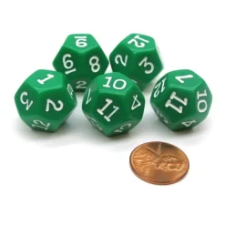 Dice>Set of 5 D12 12-Sided 18mm Opaque RPG Dice - Green with White Numbers - Your Source for Gaming Essentials