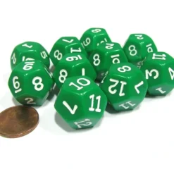 Dice>Set of 10 D12 12-Sided 18mm Opaque RPG Dice - Green with White Numbers - Your Source for Gaming Essentials