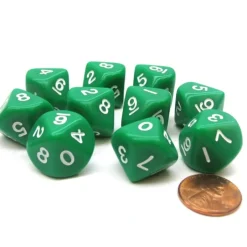 Dice>Set of 10 D10 10-Sided 16mm Opaque Dice - Green with White Numbers - Your Source for Gaming Essentials