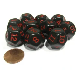Dice>Set of 10 D12 12-Sided 18mm Opaque RPG Dice - Black with Red Numbers - Your Source for Gaming Essentials