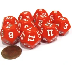 Dice>Set of 10 D12 12-Sided 18mm Opaque RPG Dice - Red with White Numbers - Your Source for Gaming Essentials