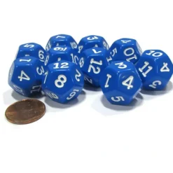Dice>Set of 10 D12 12-Sided 18mm Opaque RPG Dice - Blue with White Numbers - Your Source for Gaming Essentials